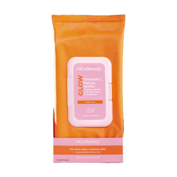 MCoBeauty Vitamin C Facial Wipes, Blend of Vitamin C, Hyaluronic Acid and Antioxidants, Pack of 25 Wipes, Vegan, Cruelty Free Cosmetics