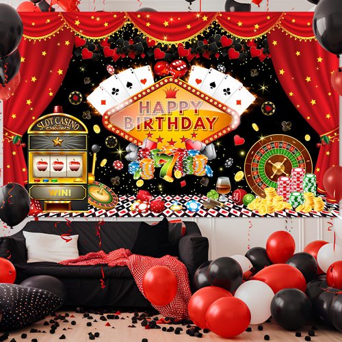 Avezano Casino Birthday Backdrop Casino Night Theme Birthday Party Decorations Las Vegas Poker Red Curtain Dice Roulette Birthday Party Banner for Adult 70.8 x 43.3 Inch