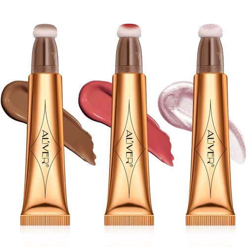 Contour Stick,Highlighter Makeup Stick,Beauty Liquid Blush for Cheeks Eyes Lips with Cushion Applicator,Moist Smooth Lightweight Breathable,Smooth Natural Matte Finish(Contour+Cherry Red+Celestral)