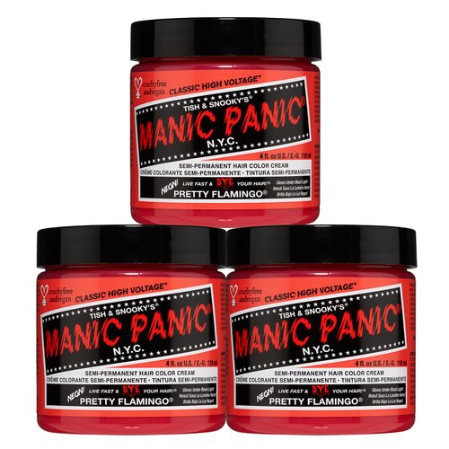MANIC PANIC Pretty Flamingo Hair Dye - Classic High Voltage - (3PK) Semi Permanent Hair Color - Warm Pink With Orange Undertones - Glows in Blacklight – Vegan, PPD & Ammonia Free - For Hair Coloring