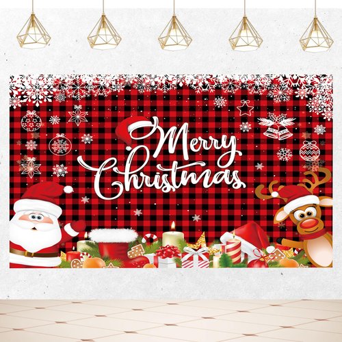 Merry Christmas Party Decoration Backdrop Red Plaid Christmas Bacdrop Reindeer Santa Claus Snowflakes Banner for Winter New Year Xmas Eve Family Party Supplies 7x5ft