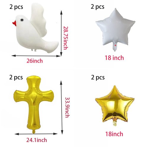 8pcs Religious Balloons Party Decoration Gold Cross Balloon White Dove Aluminum Balloons for Baptism First Communion God Bless Christening Memorial Baby Shower Party Decorations Supplies