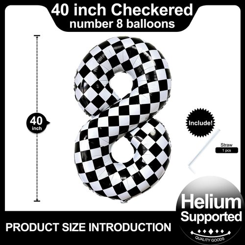 Checkered Number 8 Balloons 40 Inch Giant Race Car Checkered 8 Balloons for Racing Car Checkered Birthday Party Supplies