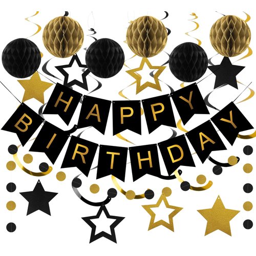 meowtastic Birthday Decorations, Happy Birthday Banner with Honeycomb Balls, Star Hanging Swirl Streamers, Circle Dot Garland, Happy Birthday Party Decorations for Women Men Boys Girls (Black & Gold)