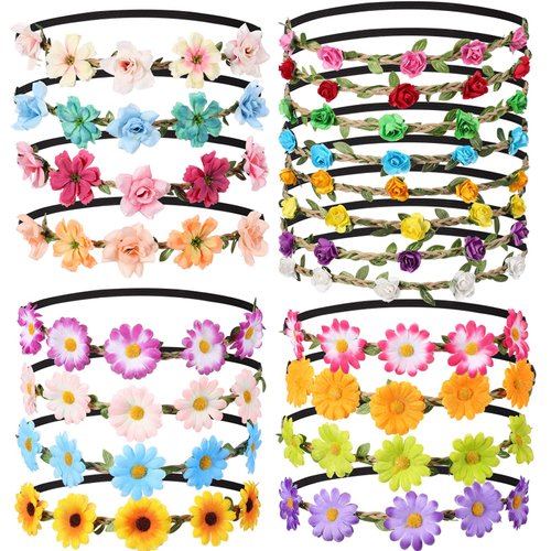 Threan 24 Pcs Assorted Flower Crown for Women Girls Multicolor Flower Headbands Boho Daisy Rose G...