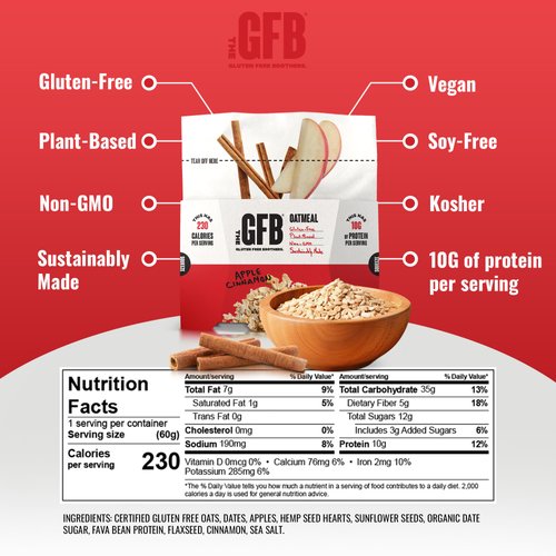 The Gluten Free Brothers Protein Oatmeal Cups - Gluten Free Apple Cinnamon Oatmeal Pouches – Instant Hot Breakfast Cereal in a Pop-Up Cup - Non GMO, Soy Free, Vegan, 2 Oz (6 Count)