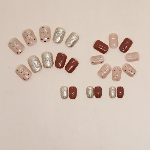 BABALAL Press on Nails Short Nude, Champagne Gold Sequins Fake Nails, 12 Sizes 24Pcs Glitter Acrylic Nails Kit with Glue for Women Girls Manicure False Nails