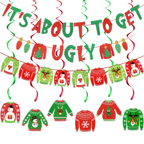 Red Green Its about to Get Ugly Banner and Ugly Sweater Garland Ugly Christmas Sweater Party Banner for Ugly Sweater Party Decorations, Ugly Christmas Sweater Party Supplies
