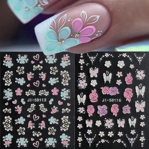 Flower Nail Art Stickers Decals 5D Embossed Flowers Nail Decals 3PCS Colored Floral Five-Petaled Flower Butterfly Design Manicure Adhesive Sliders Flower Sticker for Nails Women Nail Art Decorations