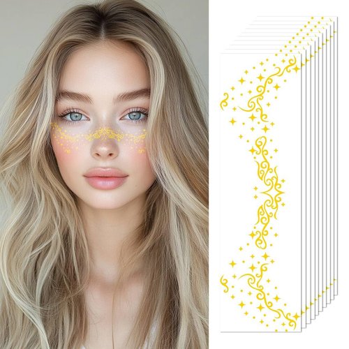 Gold Glitter Freckles Temporary Face Fake Tattoos For Women, Sparkle Waterproof Makeup Patches, Glow Up Faux Speckles - 10 Count