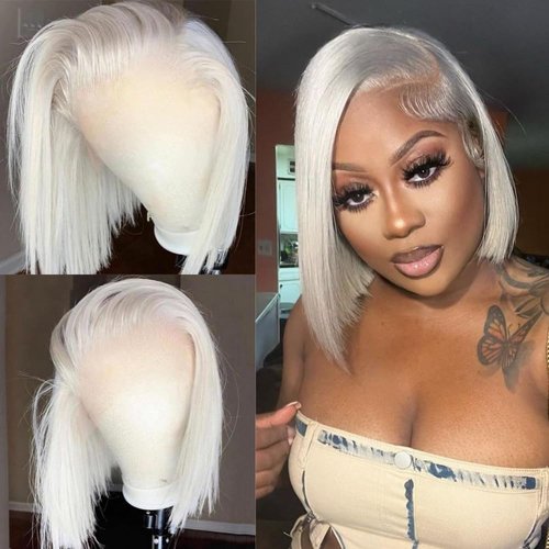 RHAH Glueless Wigs Human Hair 60# Grey Platinum Blonde Bob Wigs for Black Women 13x4 HD Transpare...