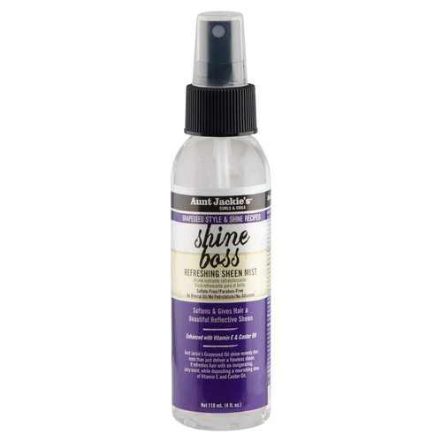 Aunt Jackie's Grapeseed Style and Shine Recipes Shine Boss Refreshing Sheen Hair Mist, Gives Curls, Waves and Coils Shine Without Oily Feel, 4 oz