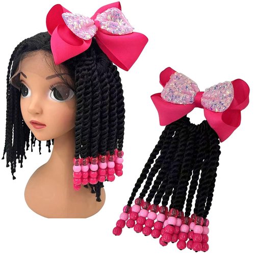 Kids Ponytail Hair Extension Braid Girls Braided Ponytail Hair Extension Clip On Go For Girls Beads,Black Hair Band & Bow Included,Detachable and Reusable (Rose Red)