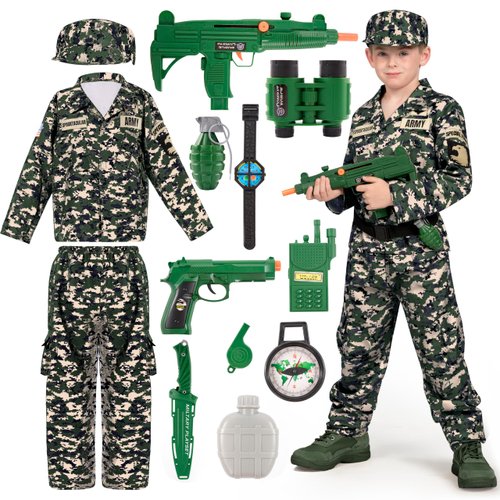 Spooktacular Creations Army Costume for Kids, Dark Green Camo Military Costume, Halloween Costumes for Boys Pretend Play Party (Medium (8-10 YRS))