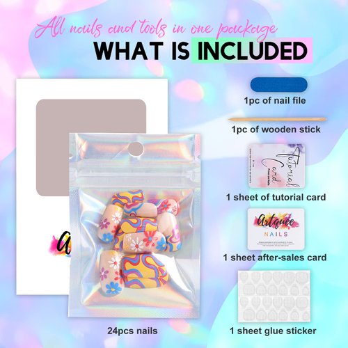 Artquee 24pcs Rainbow Square Press on Nails Medium Length Fake Nail Art with Colorful Swirl Flower Designs Acrylic Nail Reusable Artificial Glossy Nails in 12 Sizes Stick on False Nails Tips for Women