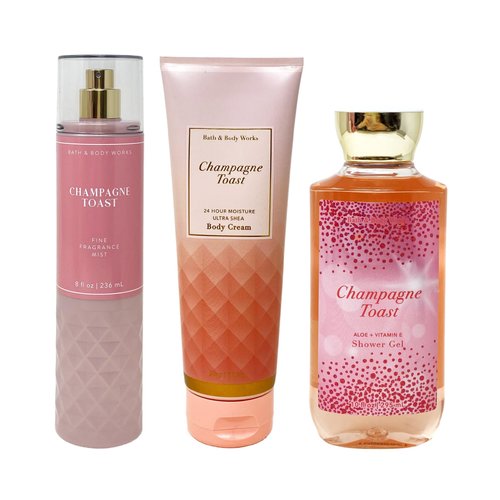 Generic Bath and Body Work CHAMPAGNE TOAST Bundle - Fragrance Mist - Body Cream and Shower Gel - FULL SIZE - Set of 3, Pink
