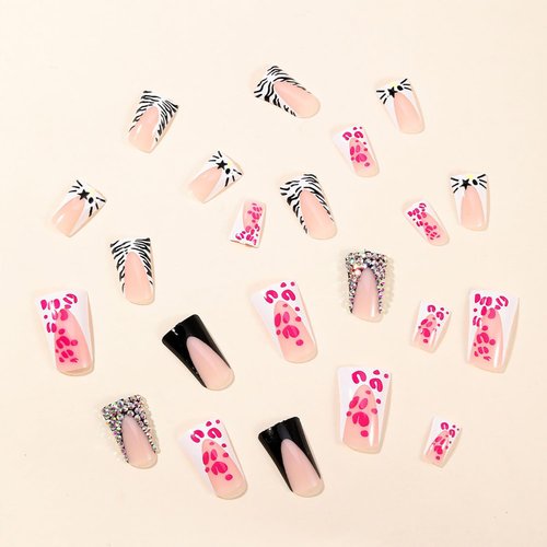 FIEONCIY Press on Nails Duck Shape Glossy Full Cover Medium Acrylic French False Nails with Designs Artificial Duck Fake Nails with Charms Glue ons Nails Stick on Fingernails for Women(A30411)