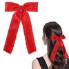 Red Ruffle Ribbon Hair Bow Clips Long Tail for Women Girls 5.5" Big Christmas New Year Satin Tassel Hair Barrettes Toddler Teens Kids Valentines Dress Decor Accessory Gift