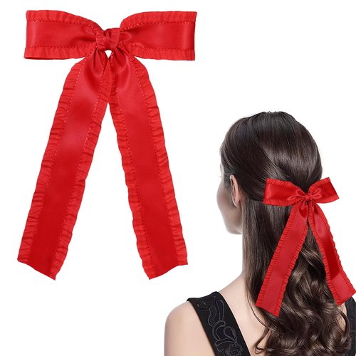 Red Ruffle Ribbon Hair Bow Clips Long Tail for Women Girls 5.5" Big Christmas New Year Satin Tassel Hair Barrettes Toddler Teens Kids Valentines Dress Decor Accessory Gift