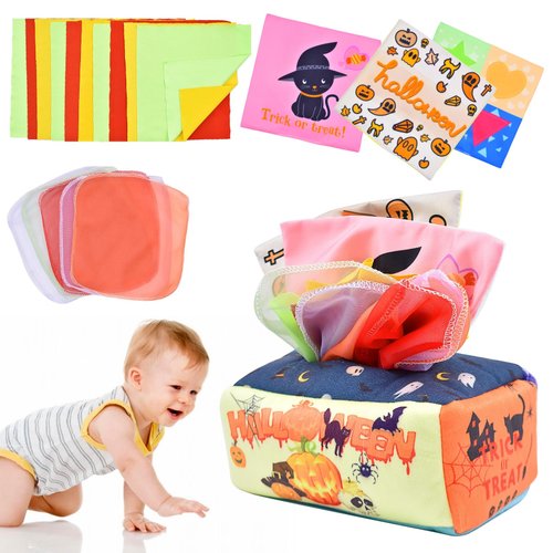 Cenmeytoy Halloween Baby Tissue Box Toy, Soft Montessori Tissue Box Baby Toys, High Contrast Crinkle Paper Sensory Toy for Boys Girls Kids Early Learning Gifts, Halloween Party Favors Gifts