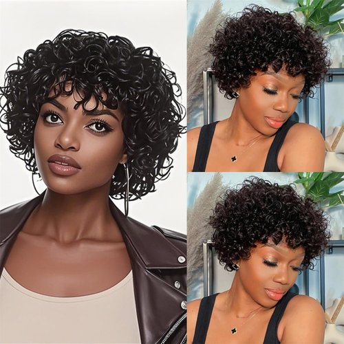 Afinska Kinky Curly Human Hair Wig Pixie Bob Cut Wig With Bangs Short Pixie Human Hair Wig Curly Pixie Cut Wig Human Hair Natural Black Brazilian Glueless Short Wig Bob Wigs Human Hair