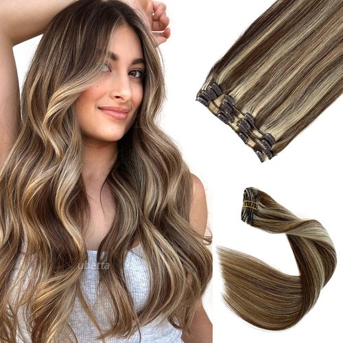 Clip in Hair Extensions Real Human Hair, Chocolate Brown and Blonde Highlights Real Hair Extensions Clip in Human Hair, 18Inch 7 pcs 70G Double Weft Remy Human Hair Clip in Extensions for White Women
