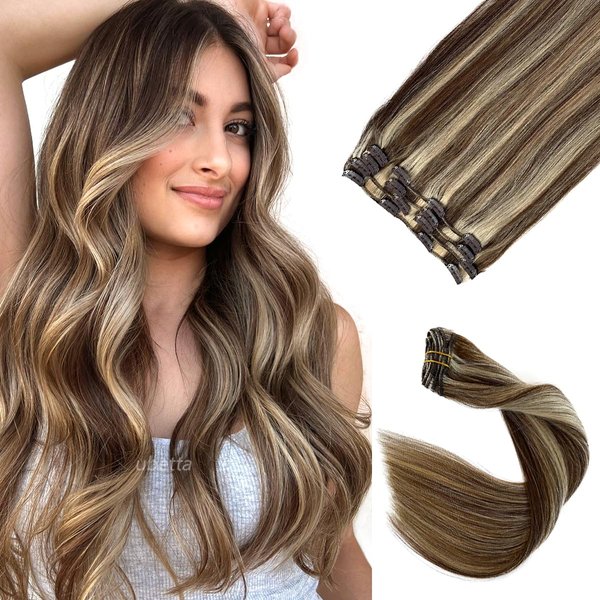 Clip in Hair Extensions Real Human Hair, Chocolate Brown and Blonde Highlights Real Hair Extensions Clip in Human Hair, 18Inch 7 pcs 70G Double Weft Remy Human Hair Clip in Extensions for White Women