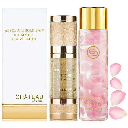 Absolute Gold 24K Rose Petal Facial Toner - 24K Shimmer Glow Fluid (Pack 2). 24 Karat Gold/Collagen/HYALURONIC Acid. for All Skin Types.
