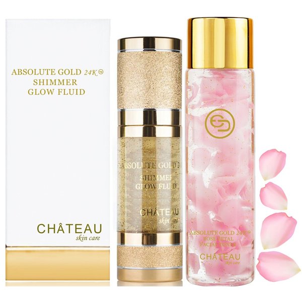 Absolute Gold 24K Rose Petal Facial Toner - 24K Shimmer Glow Fluid (Pack 2). 24 Karat Gold/Collagen/HYALURONIC Acid. for All Skin Types.