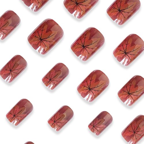 24 Pcs Chrome Maple Leaf Press on Nails Fall Thanksgiving Acrylic Fake Nails Short Square Glossy Red Maple False Nails Gel Glue on Nails Manicure Autumn Maple Stick on Nails for Coquette Women Girls