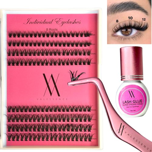 Valessence Lash Extension Kit 160pcs Clusters Individual Lashes Kit (40D-MIX-8-12mm) Lash Clusters, Lash Adhesive For Sensitive Eye, Lash Tweezer for Eyelash Extension at Home