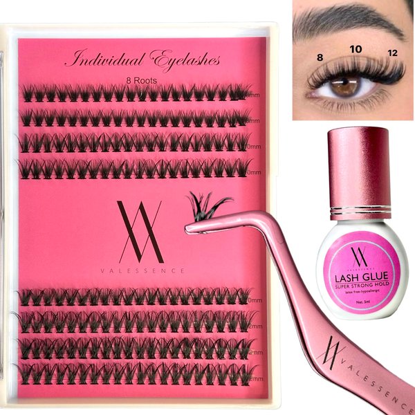 Valessence Lash Extension Kit 160pcs Clusters Individual Lashes Kit (40D-MIX-8-12mm) Lash Clusters, Lash Adhesive For Sensitive Eye, Lash Tweezer for Eyelash Extension at Home