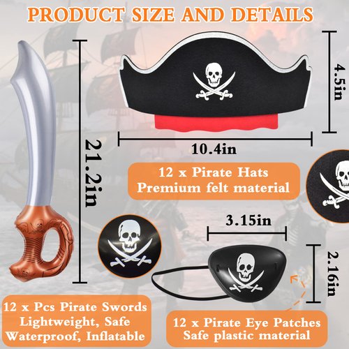 ZeeDix Pirate Party Favors Set: 12 Hats, 12 Inflatable Swords, 12 Eye Patches for Adults - Halloween and Masquerade Theme Party Supplies