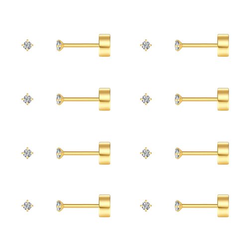 FOSIR 8 Pairs Tiny Stainless Steel Stud Earrings Set for Women Men Cubic Zirconia Flat Back Earrings Hypoallergenic Cartilage Piercing (Gold, 2mm CZ)