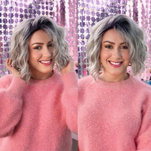 Liyouda Short Curly Pixie Wigs Ombre Grey Blonde Wigs for Women Wavy Pixie Cut Wigs Gray White Bob Wig Curly Short Hair Wig with Bangs Grandma Wigs for Women