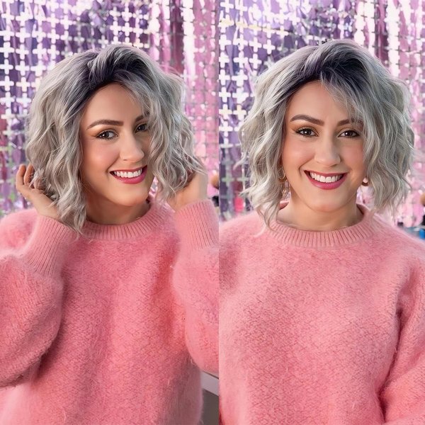 Liyouda Short Curly Pixie Wigs Ombre Grey Blonde Wigs for Women Wavy Pixie Cut Wigs Gray White Bob Wig Curly Short Hair Wig with Bangs Grandma Wigs for Women