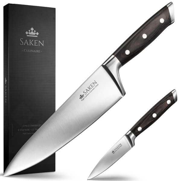 Saken Chef Knife and Paring Knife Set - 2-piece Professional Kitchen Knife Set with Ultra-Sharp, High-Carbon German Steel Blade and Ergonomic Wooden Handles - 8" Chef Knife, 3.5" Paring Knife