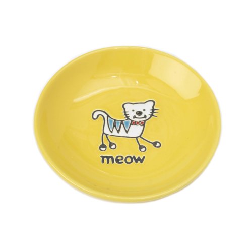 PetRageous 11019 Silly Kitty Dishwasher and Microwave Stoneware Cat Saucer 5-Inch Diameter 2.5-Ounce Capacity for Wet or Dry Cat Food Great For All Cats, Yellow