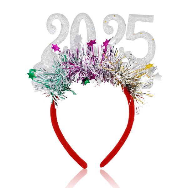 HIFANMM 2025 Headband New Year Hair Accessories for Women Girls, Silver Glitter Ribbon Stars Hair Band Winter Christmas Non Slip Headbands New Year Xmas Party Outfit Supplies Decoration
