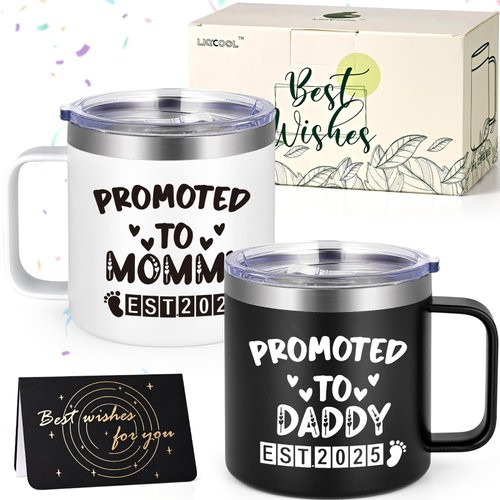 LiqCool Gifts for Parents, Parents Christmas Gifts Ideas from Daughter Son, 14 Oz Daddy & Mommy Est 2025 Mug with Gift Card, Cool Gifts for New Parents on Mother's Day Father's Day(Black&White)