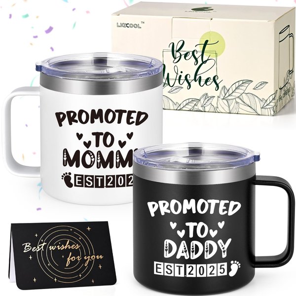 LiqCool Gifts for Parents, Parents Christmas Gifts Ideas from Daughter Son, 14 Oz Daddy & Mommy Est 2025 Mug with Gift Card, Cool Gifts for New Parents on Mother's Day Father's Day(Black&White)