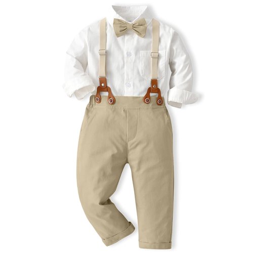 ALINTU Toddler Dress Clothes, Long Sleeve Dress Shirt + Suspender Pants Set, Gentleman Outfits for Boys, Khaki, 2-3T = Tag 100