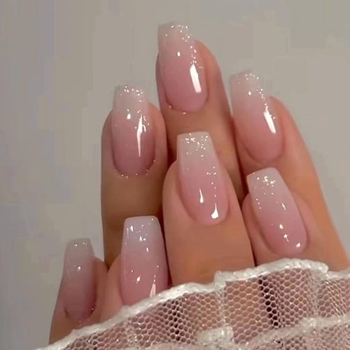Bellelfin 24Pcs Medium Coffin Press on Nails, Glossy Gradient Nude Pink Fake Nails Cute Short False Nail Glitter Design Acrylic Glue onNails for Women Girls Artificial Fingernails