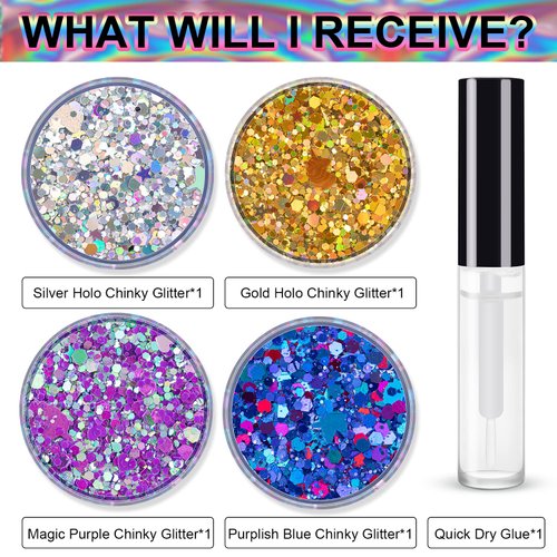 Holographic Chunky Glitter Silver Gold Magic Purple and Purplish Blue Cosmetic Body Hair Face Eye for Festival Carnival Beauty Rave Accessories Different Shapes 4 Pots+ Quick Dry Primer Glue Gel