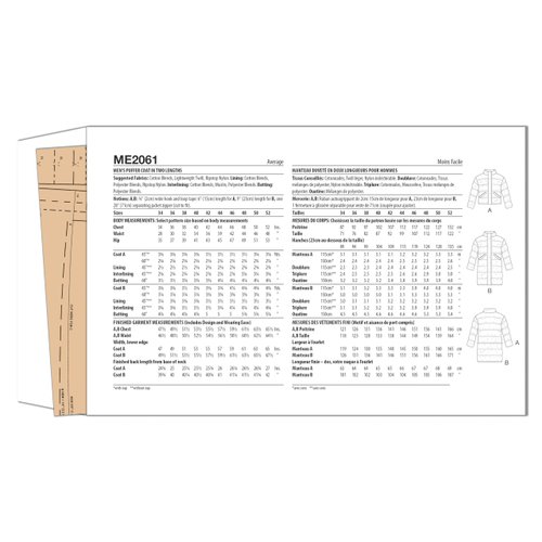 Know Me Men's Oversized Puffer Coat Sewing Pattern Packet, Sizes 44-46-48-50-52, Multicolor