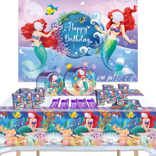 Mermaid Backdrop Mermaid Birthday Party Supplies include Plates,Cups,Napkins,Forks,Knives,Spoons and Tablecloth Mermaid Party Decoration Sets