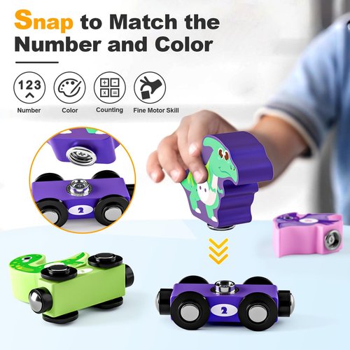 Magnetic Wooden Train Set for Toddlers 2-4, Snap Matching Dinosaur Train for 4 3 2 Year Old Boy Birthday Gifts, Dinosaur Toys for Kids 3-5, Toddler Girls Montessori Toys Preschool Learning Activities
