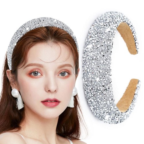 Coridy Bling Rhinestone Hairband Baroque Wide Headbands Glitter Sparkle Headbands Diamond Padded Head Bands for Wedding Party Nightclub Headbands for Women’ Hair (Silver)