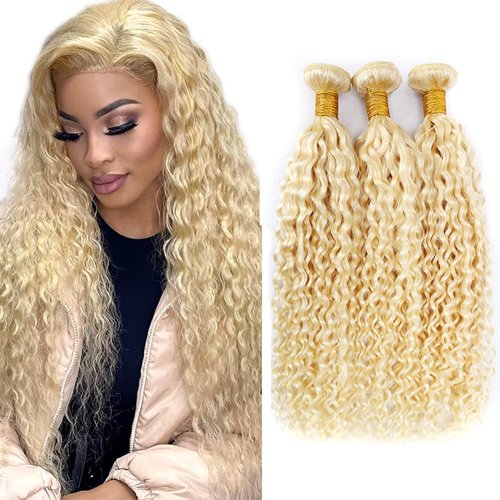 613 Blonde Human Hair Bundles Blonde Kinky Curly Bundles Color #613 Curly Wave Human Hair Weave 8A Unprocessed Brazilian Virgin Remy Human Hair Extensions 24 26 28 Inch