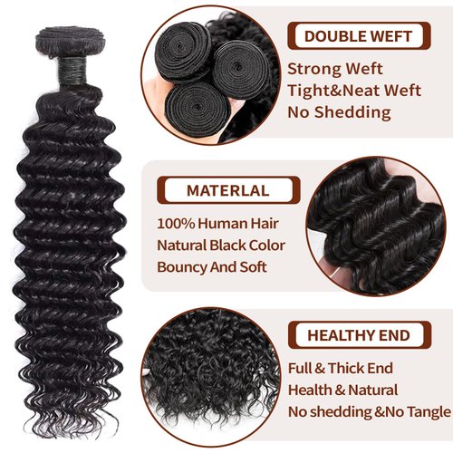 Deep Wave Bundles Human Hair Brazilian Virgin Hair Weave 3 Bundles Deep Curly 12A Grade Unprocessed Human Hair Extensions Natural Black 100g/pc (Deep Wave Bundles Human Hair, 10 12 14)
